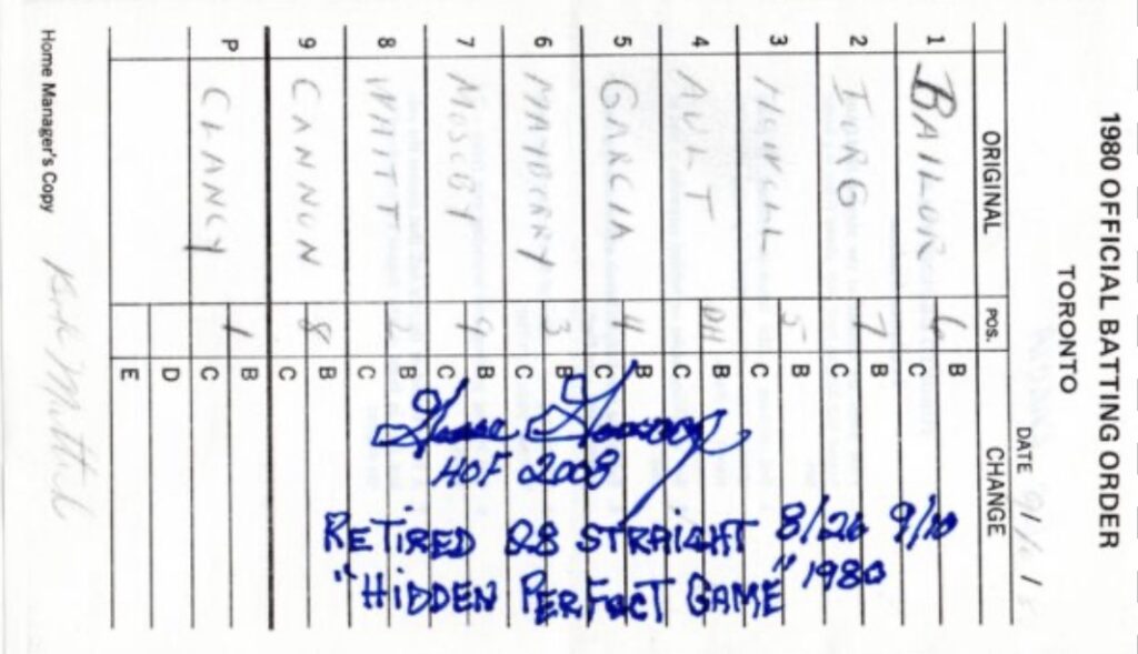 Gossage retired 2 straight batters in late 1980 to a claim a hidden perfect game