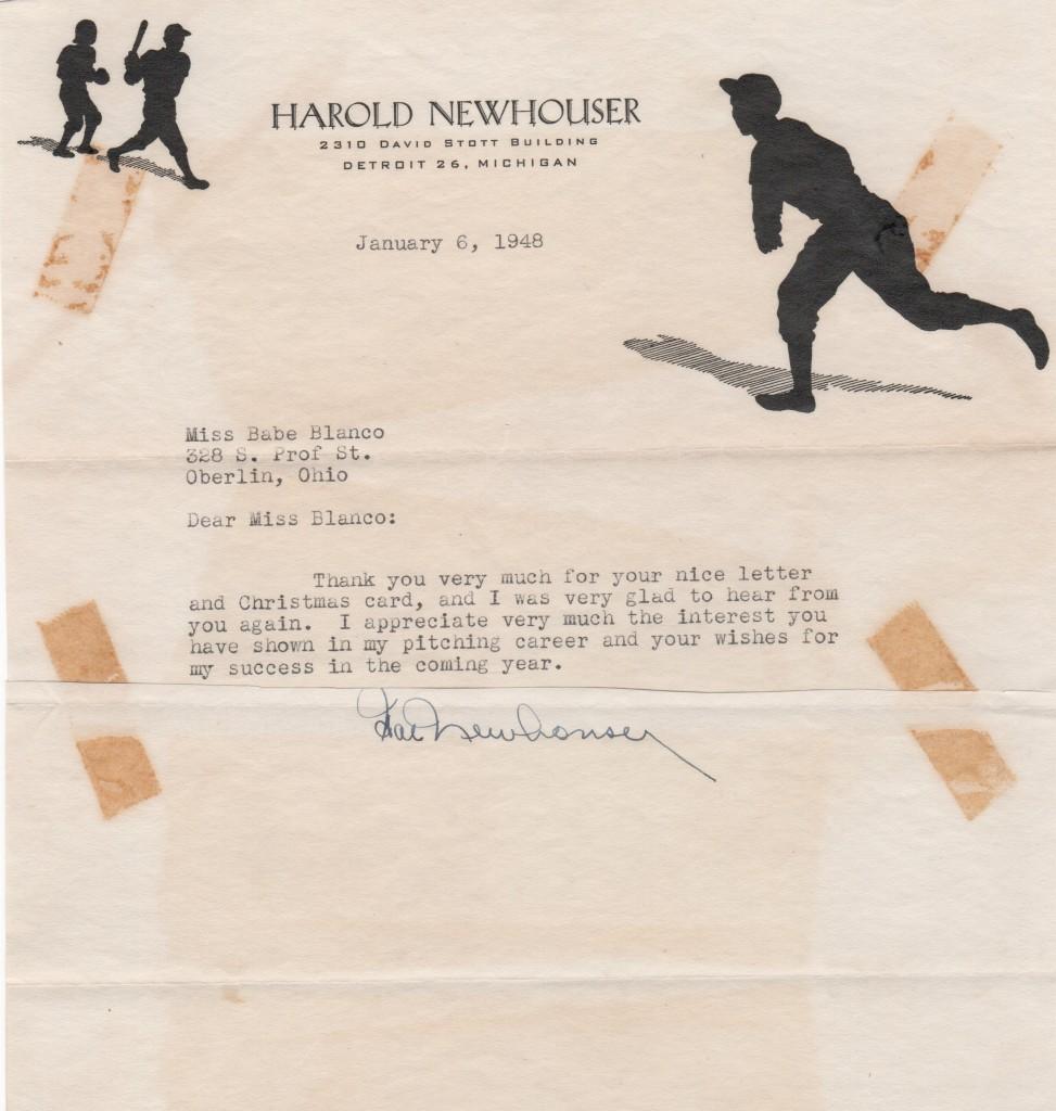 Vintage 1948 letter from Hal Newhouser