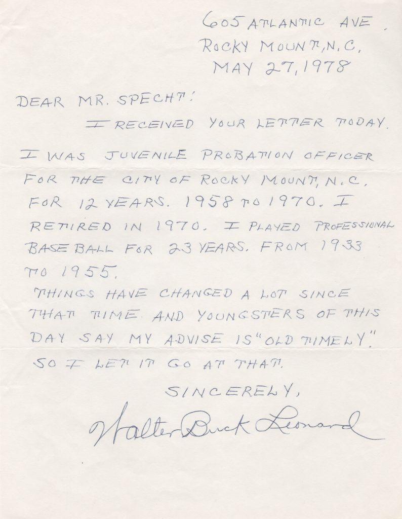 Buck Leonard handwritten letter from 1978