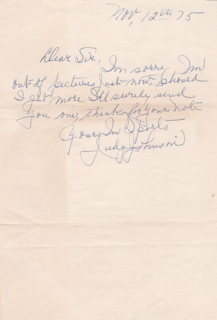 Judy Johnson handwritten letter to a fan dated November 12, 1975