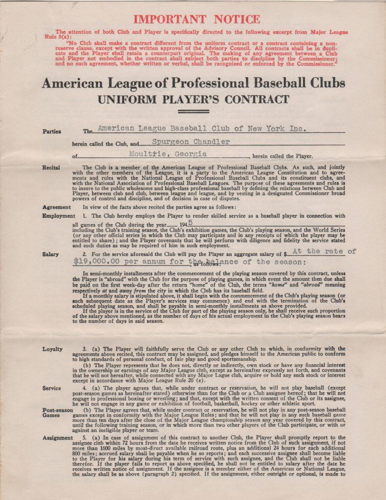 Larry MacPhail signed 1945 contract for former MVP Spud Chandler