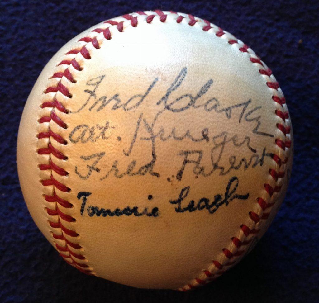Six players from the first World Series including three of Phillippe's teammates signed this ball