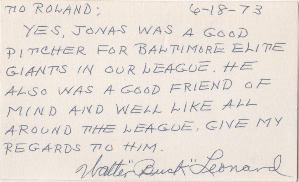Buck Leonard writes of teammate Jonas Gaines