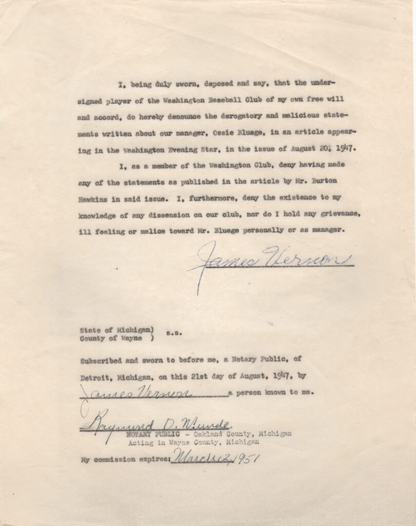 Mickey Vernon gave manager Ossie Bluege this written vote of confidence in 1947 then backed it up on the field