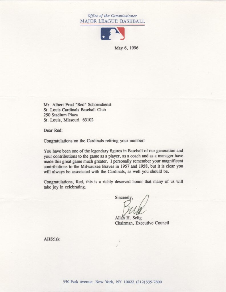 Bud Selig congratulated Red Schoendienst when the Cardinals retired his number