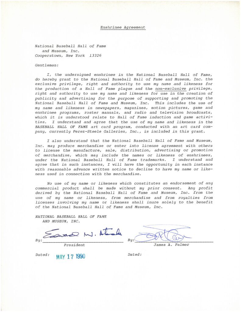 Cooperstown drafted Palmer for the Hall of Fame in 1990