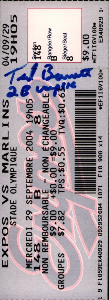 When baseball played its last game in Montreal Crew Chief Barrett worked the plate