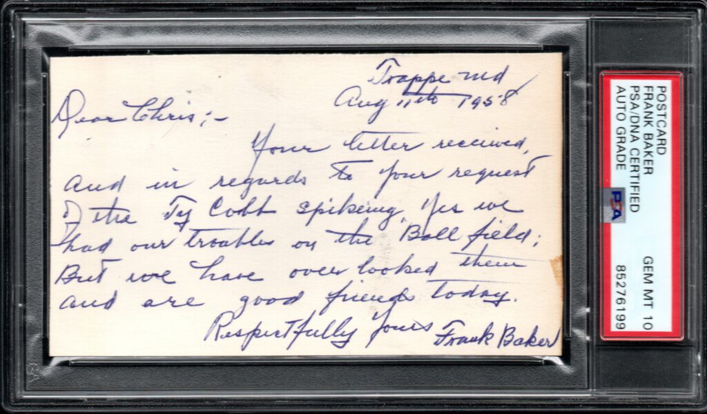 Rookie Frank Baker defended Ty Cobb after a 1909 spiking incident at third base