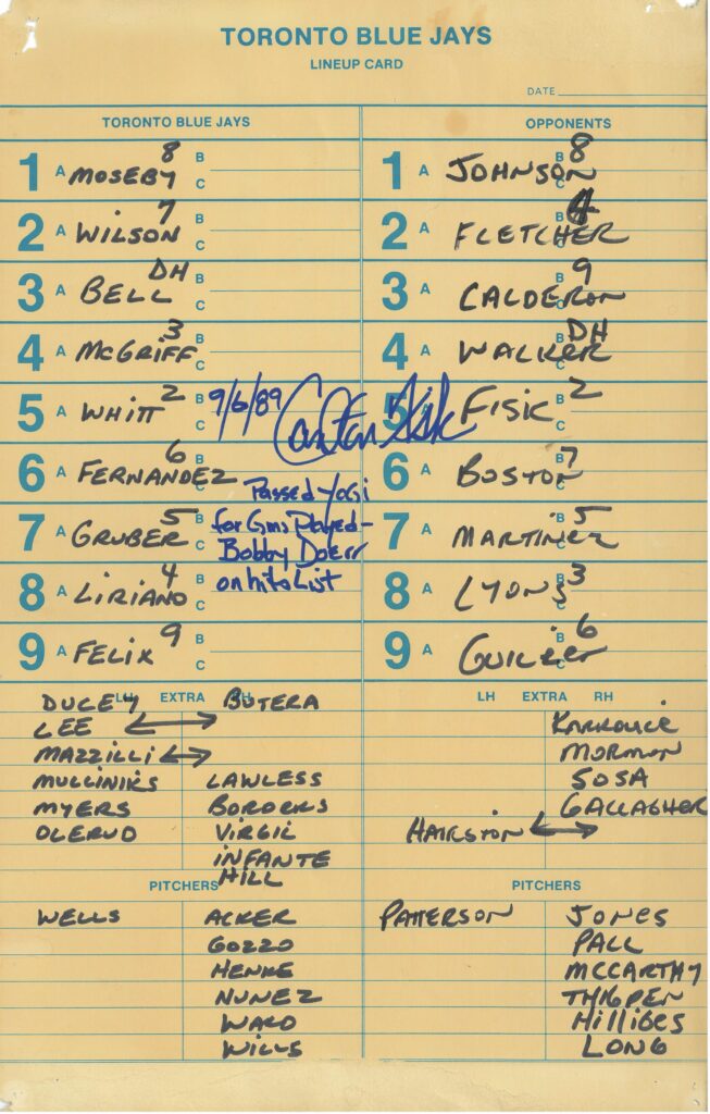 On 9/6/1989, Fisk passed Yogi Berra's game total and Bobby Doerr's hit total
