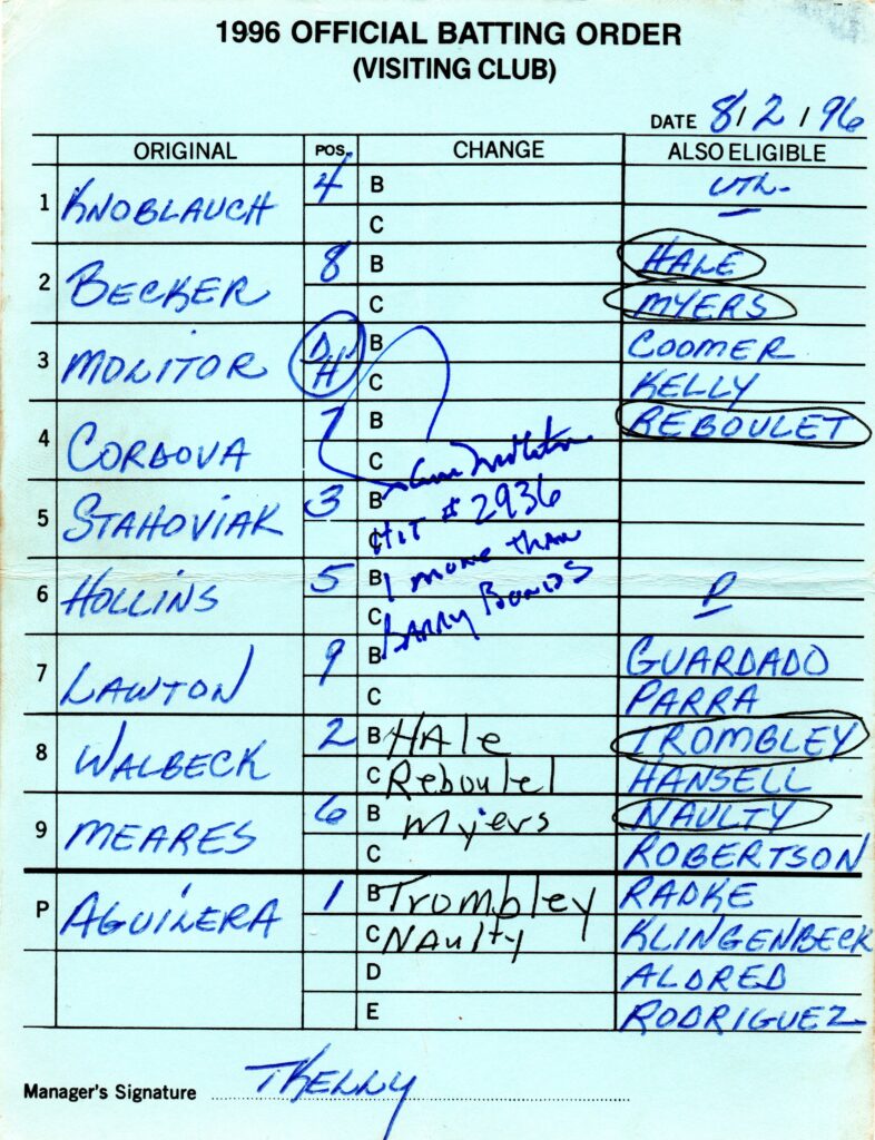 On 8/2/1996 Molitor collected two hits to push his career total to 2,936