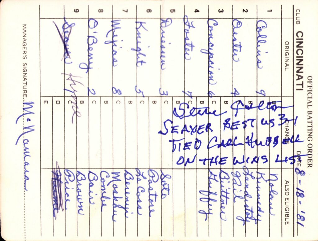 That same night Seaver tied Carl Hubbell for 30th-place on the all-time wins list