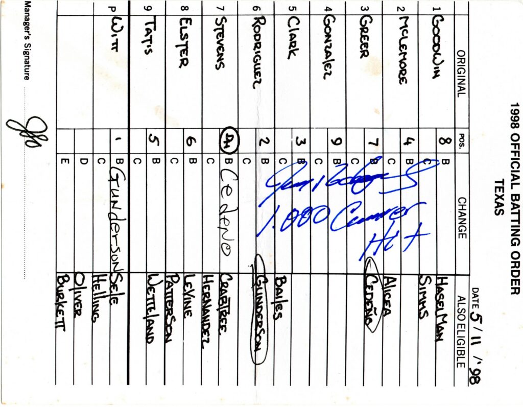On May 11, 1998 Rodriguez collected his 1,000th career hit then added a homer in his next at bat