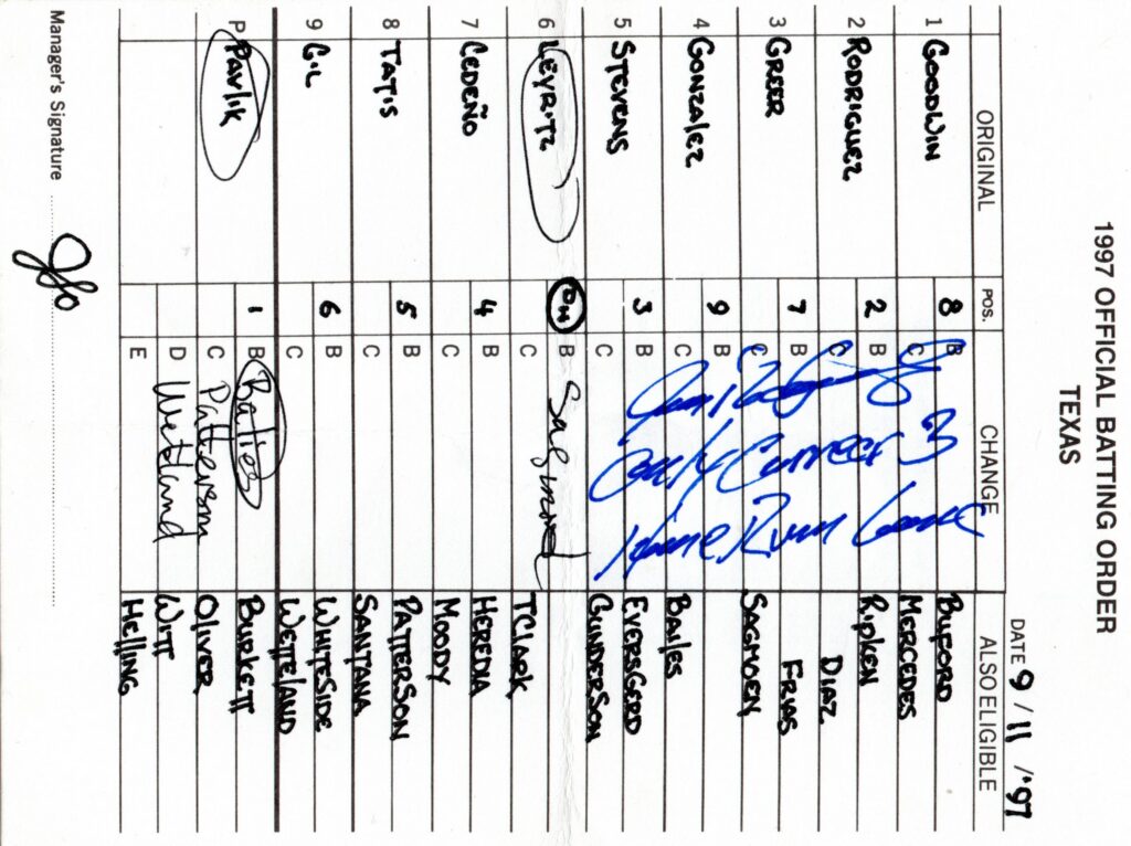 Ivan Rodriguez had one 3-homer game in his career; here's the lineup card from that 1997 contest