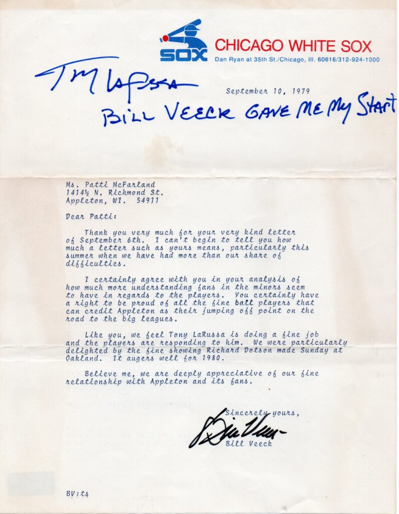 Bill Veeck praises rookie manager Tony La Russa