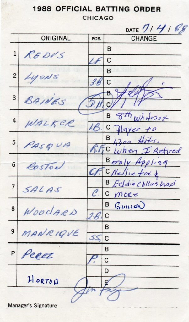 In 1988 Baines got his 1,300th hit for the White Sox; he retired fourth on their all-time list